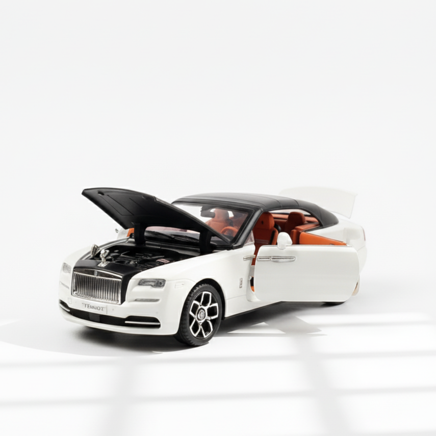 Model car of a luxury vehicle with open doors on a white background
