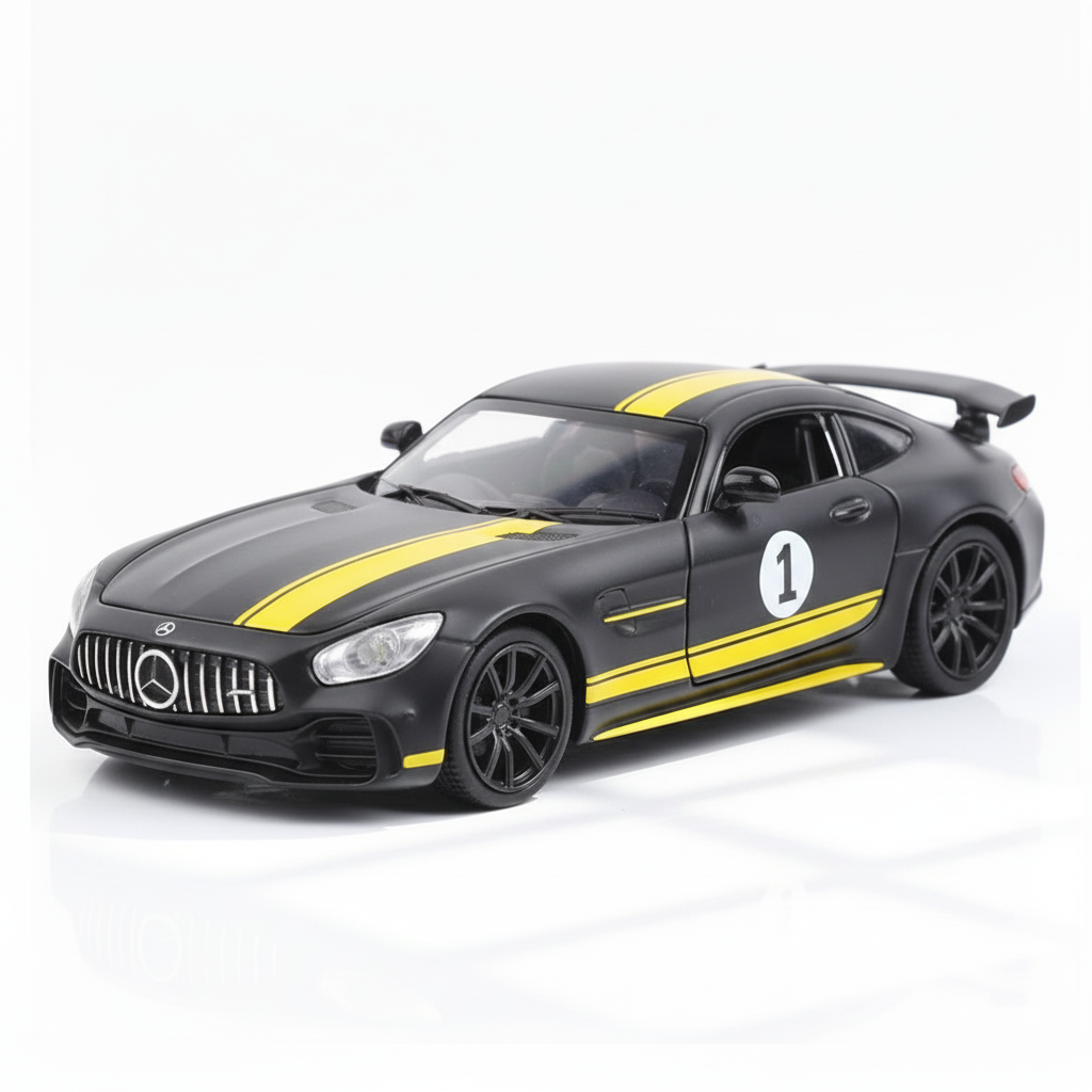 Mercedes AMG GT-R Diecast Scale Model Car - Matte Black with Yellow Stripes Variant