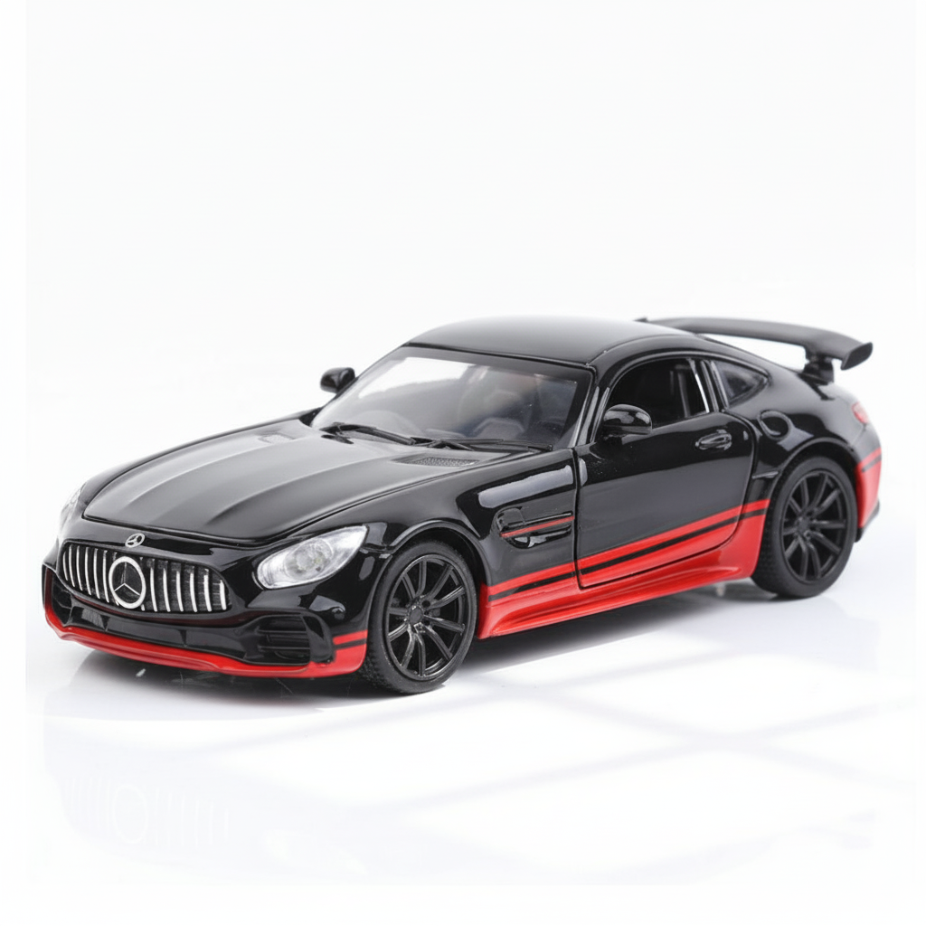 Black and red model car on a white background